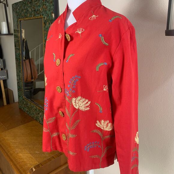 Coldwater Creek Size PM Petite Embroidered Floral Details Jacket Red Pockets - Picture 4 of 13